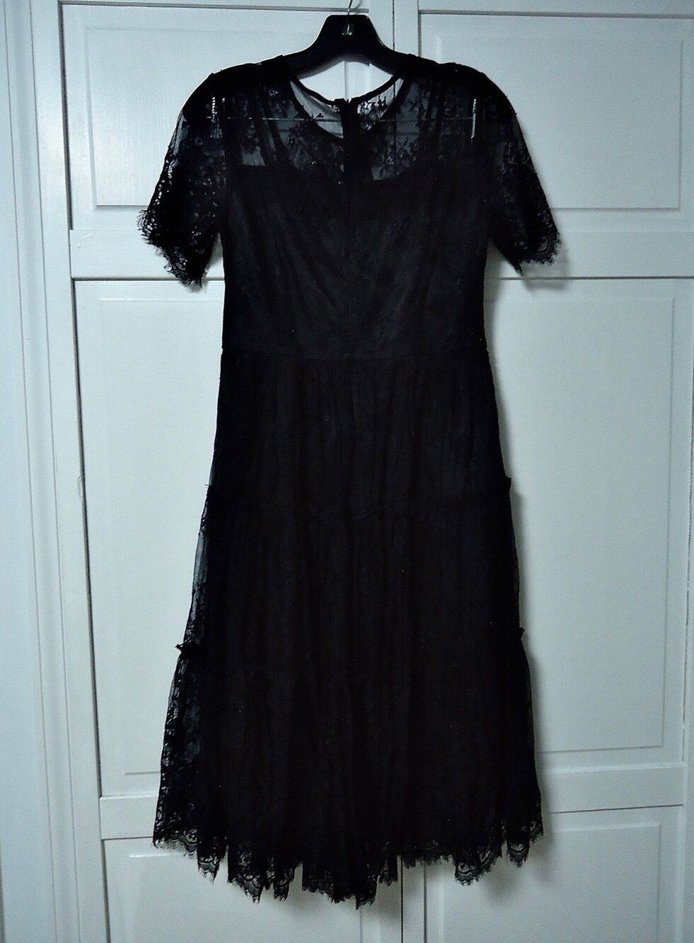 Romantic Black Floral Lace Midi Dress - Tiered Short Sleeve - Womens Size Medium
